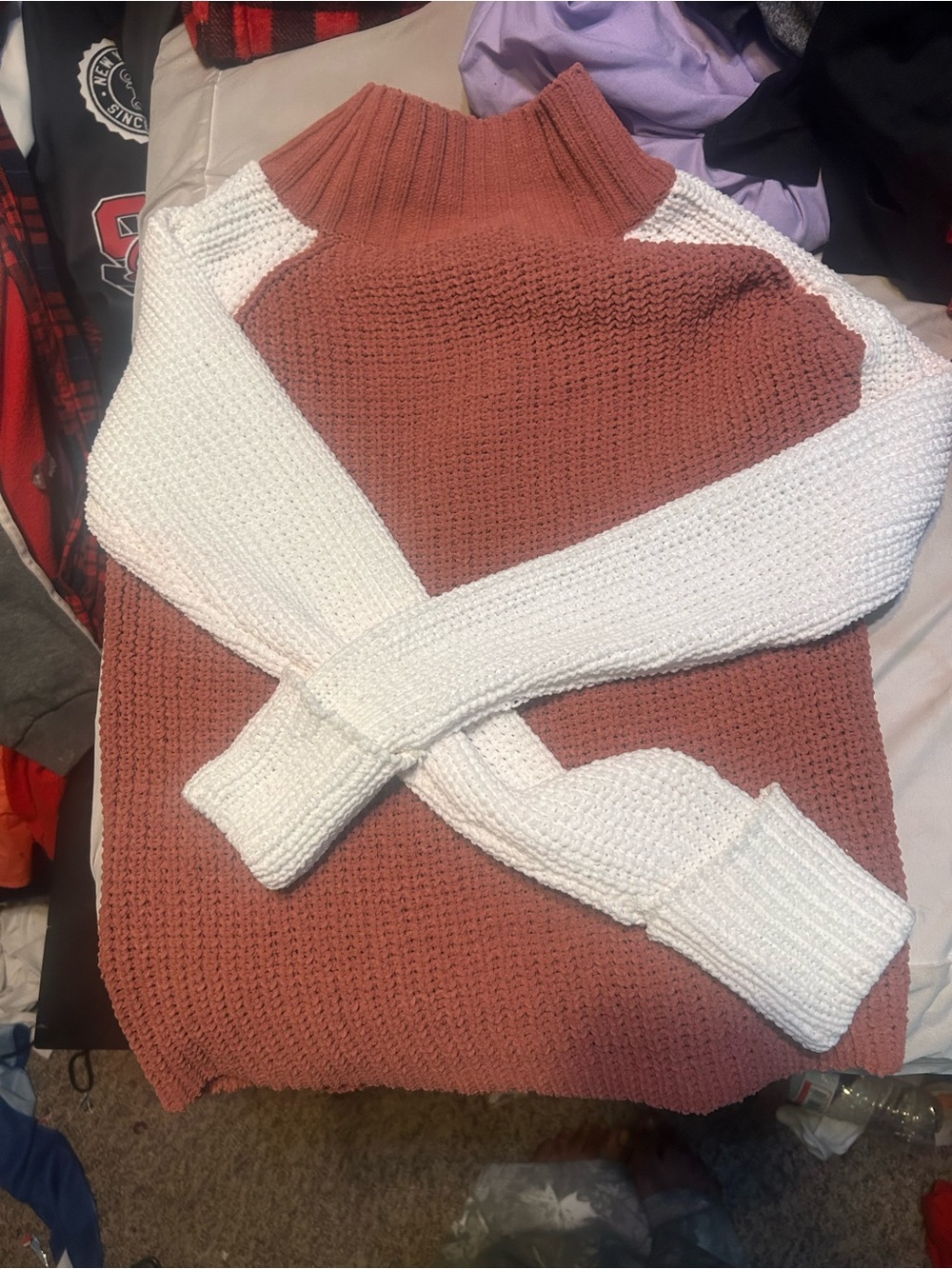Colorblock Cowl Neck Sweater - Rust & White